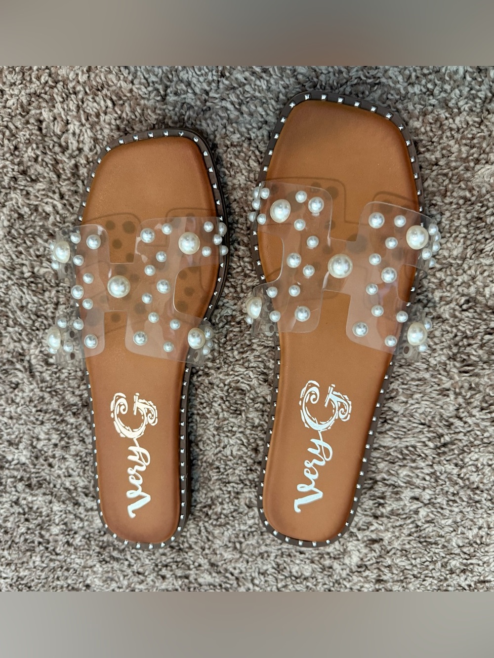 Very G Tan Slide Sandals with Clear Pearl Studded Straps